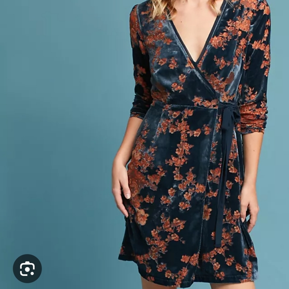 Anthropologie Velvet Wrap Dress - Navy and Rust Floral